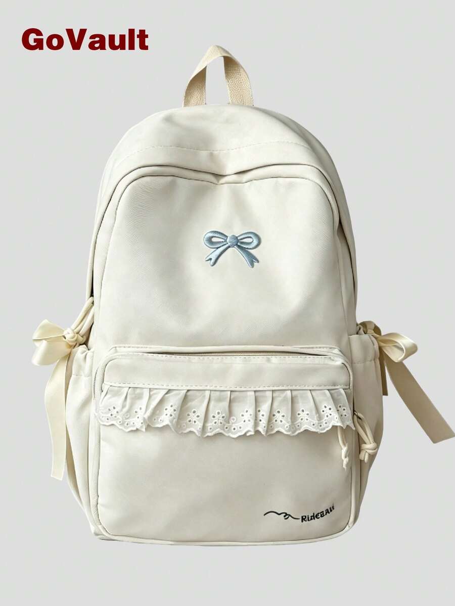 學院風蕾絲蝴蝶結後背包,青少年女孩日常上學包,休閒校園日常後背包,輕量多功能學生後背包 - 多色 - 查看 1