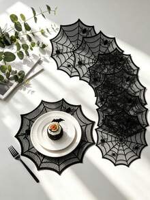 Black Halloween Placemats, Spider Web Table Decor, Round Placemats, Dark Gothic Halloween Decoration, Heat-Resistant Placemats, Halloween Party Favors - Multicolor - View 1