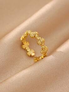 1 Peça Anel Personalizado com Estrela & Flor Canelado, Banhado a Ouro 18K, Banda Aberta, Acessório de Design de Nicho, Presente para Look de Uso Diário - Dourado 2 - Visão 2