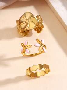 3pcs/Set Stainless Steel 18K Gold Plated Flower Ring, Pink Drip Oil Open Ring, Oval Plain Band Ring, Suitable For Women's Daily Wear - Multicolor - View 5