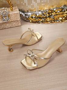 Women's Metallic Strap Sandals, Mesh Bow Kitten Heel Slides, Square Toe Open Toe Mid Heel Slippers, Summer Elegant Style Sandals - Gold - View 2