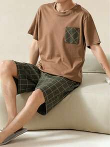 AICJ 2pcs Men's Solid Color Casual Loose Minimalist Pocket Round Neck Short Sleeve Plaid Shorts Pajama Set, Suitable For Spring & Summer - Brown - View 1