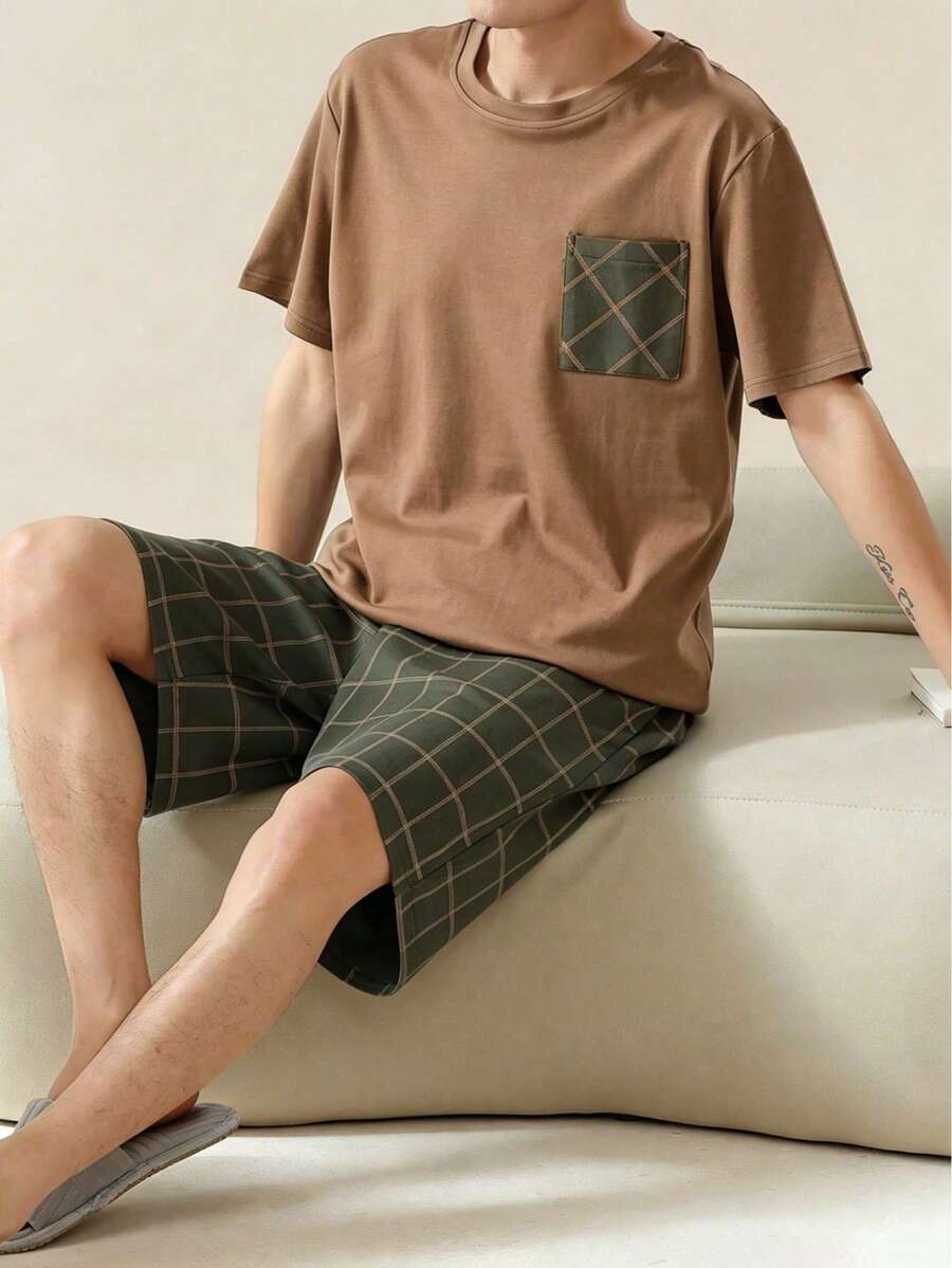 AICJ 2pcs Men's Solid Color Casual Loose Minimalist Pocket Round Neck Short Sleeve Plaid Shorts Pajama Set, Suitable For Spring & Summer - Brown - View 1