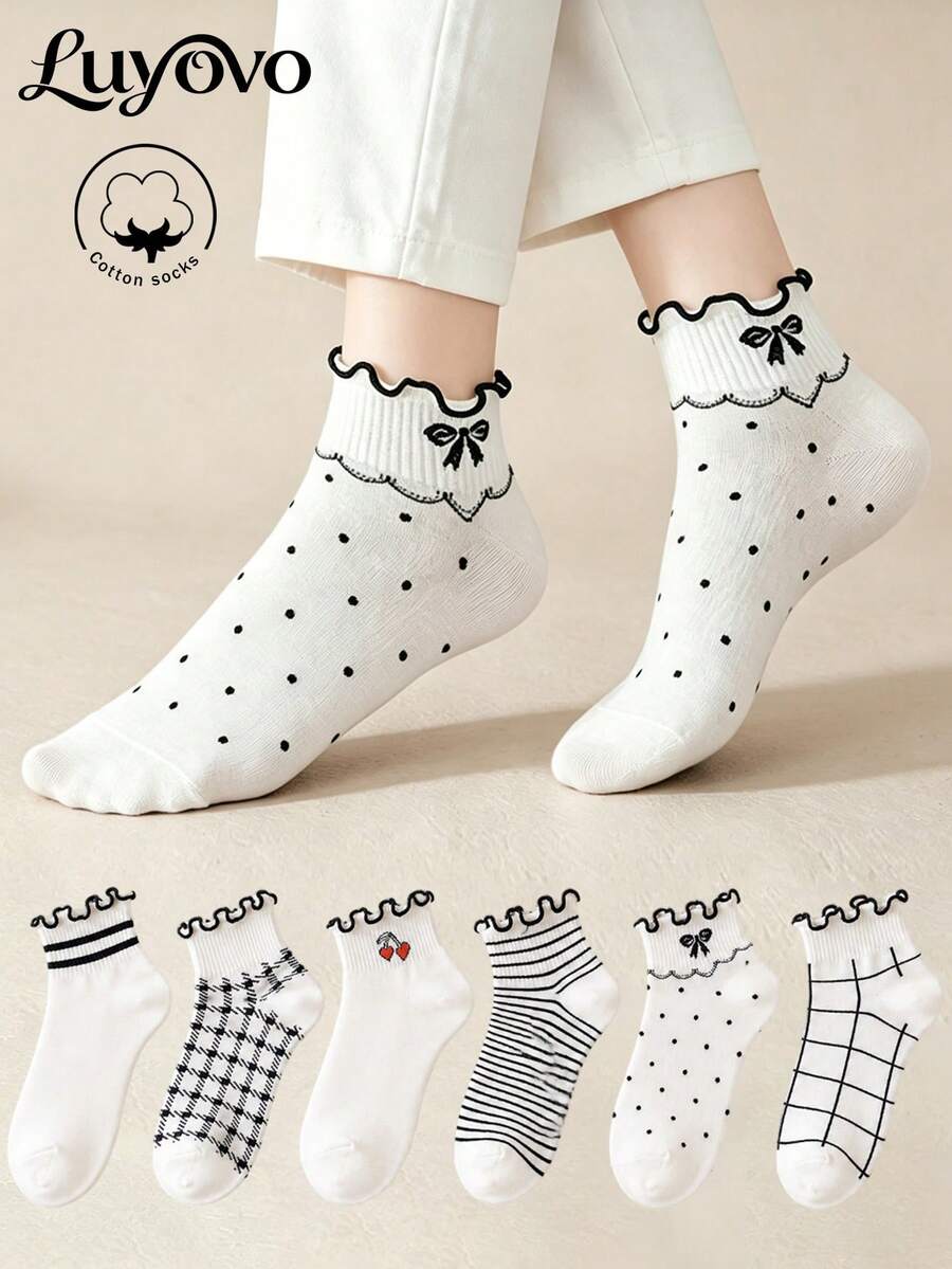 5 Pairs Women's Pure Cotton Short Socks, Spring/Summer Style, Breathable, Suitable For Various Festivals, Casual And Daily Wear, Random Colors - Multicolor - View 1