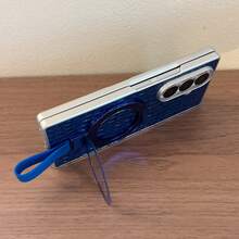 奢華鱷魚紋磁吸支架可折疊手機殼，附環形支架，適用於 Galaxy Z Fold 4 5G/Galaxy Z Fold 5 5G/Galaxy Z Fold 6 5G/Galaxy Z Fold 7 5G/Galaxy Z Fold 8 5G，高級皮革折疊保護殼，適合作為生日禮物與節日禮物 - 藍色 - 查看 2