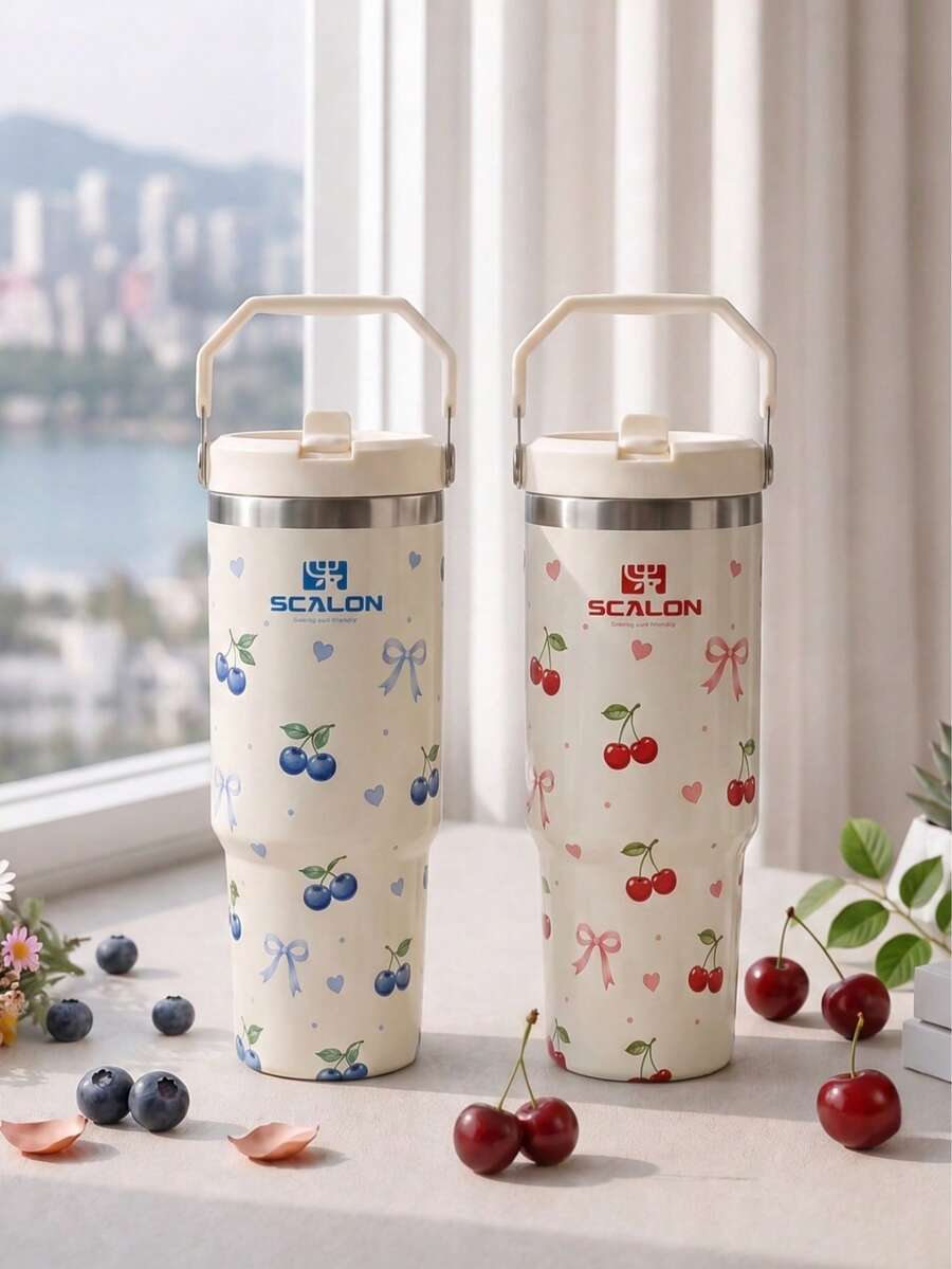 SCALON 30oz/900ML 1入奶油風櫻桃藍莓蝴蝶結手柄吸管保溫隨行杯,不鏽鋼雙層真空長效冷熱保溫旅行杯,一鍵彈蓋防漏車用冰飲杯,大容量學生通勤戶外健身居家咖啡水杯,可愛花卉設計,送好友女友生日節日的實用禮物,真空保溫瓶保溫水壺杯,附蓋與吸管冷熱保溫水杯,旅行水杯 - 彩色 - 查看 1