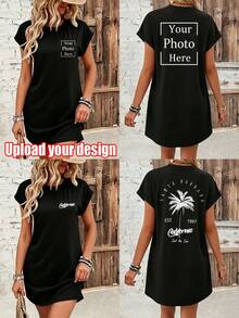 Personalized Custom Women's Summer Short Sleeve Dress, Customizable LOGO/Photo/Pattern/Musical Note/Text/Lucky Number/Coachella Music Elegant Black - Black - View 2