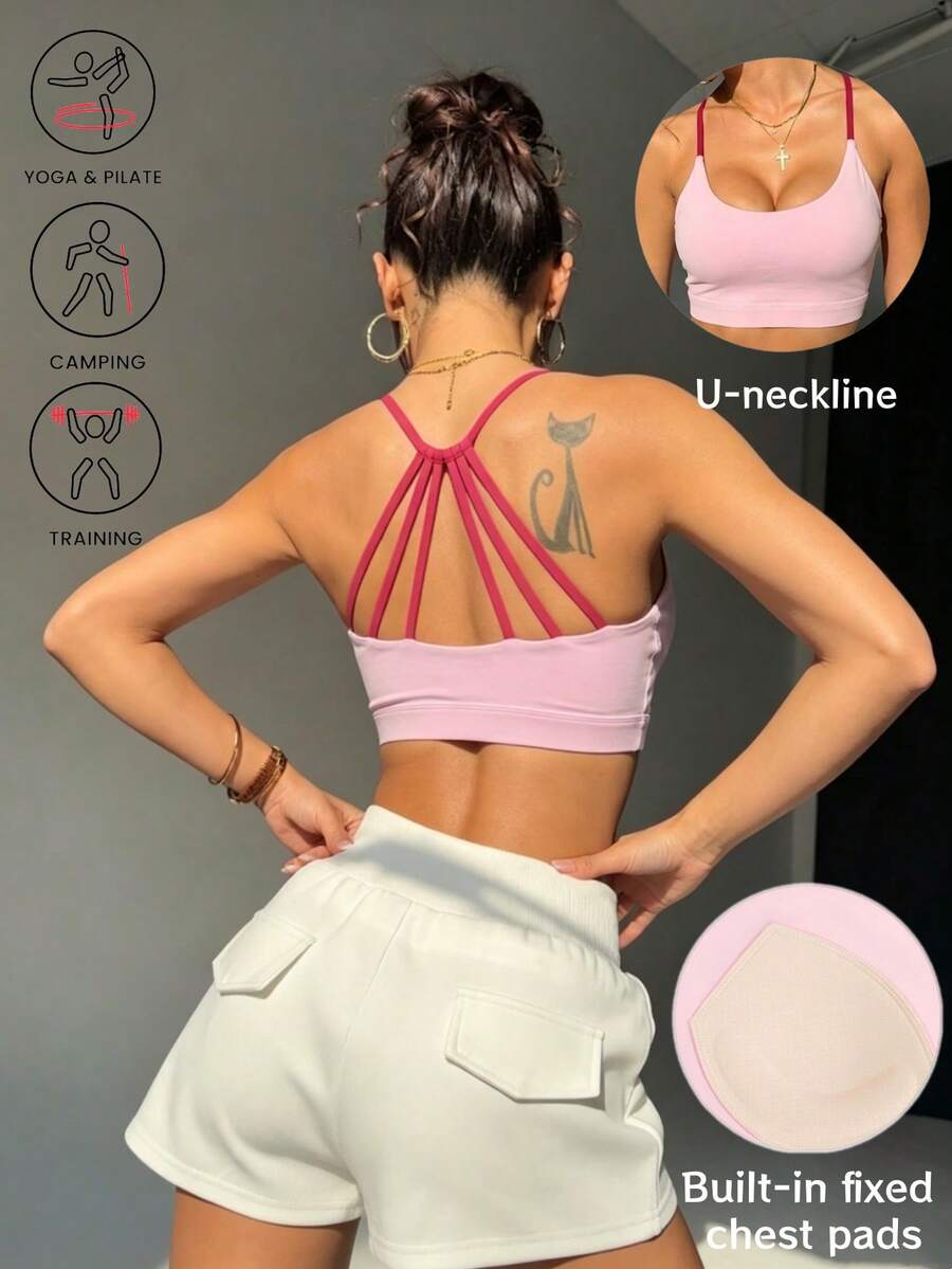 Color-Blocked Six-String Backless Sports Bra For Women, Thin-Strap Hollow-Out Shockproof Fitness Bra, Yoga/Pilates Vest With Fixed Padding - Pink - View 1