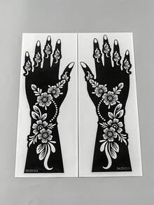 2pcs Exotic Floral Totem Print Tattoo Stickers, Minimalist Floral Vine, Covers Palm + Full Forearm, Vintage Luxury Style, Perfect For Henna Art, Parties And Styling - Black - View 5
