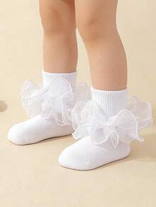 4 Pairs Girls Sweet Cute Solid White Ankle Socks With Ruffle Lace Trim, Candy Color Lace Decoration, Vacation Style Versatile Short Socks - Multicolor - View 9