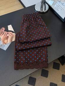 Pantalones rectos sueltos con cintura elástica, estampado de lunares y parches de encaje, adecuados para uso diario. Pantalones de lunares, pantalones con ribete de encaje, pantalone - Marrón 2 - Ver 1
