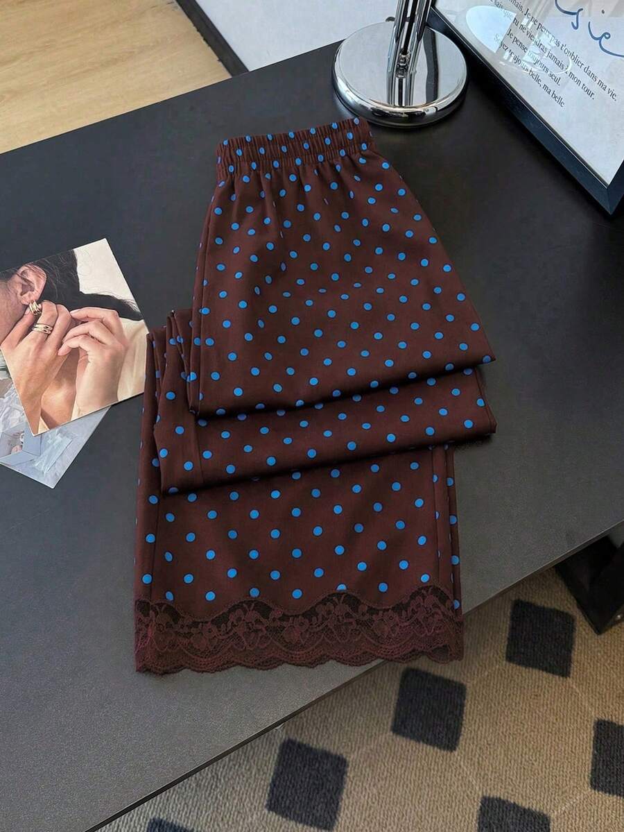 Pantalones rectos sueltos con cintura elástica, estampado de lunares y parches de encaje, adecuados para uso diario. Pantalones de lunares, pantalones con ribete de encaje, pantalone - Marrón 2 - Ver 1