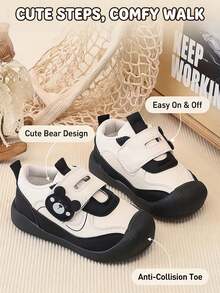 1 Pair Cute Bear Baby Walking Shoes, Black & White Color Block Soft Sole Anti-Slip Hook & Loop Functional Shoes, Suitable For Spring & Autumn - Black - View 1