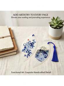 1pc Blue And White Porcelain Style Leaf Vein Bookmark With Tassel, Chinese Ink Art Peony And Peacock Pattern, Handmade Natural Leaf Bookmark, Ideal Gift For Readers And Students - View 9