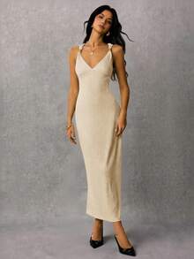 Women's Euro-American Style Midi Party Dress With Straps, Pleated Waist, Fitted Waist - 深棕色 - 查看 9