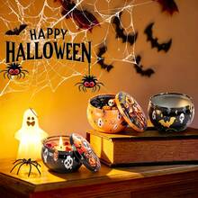 Kit de fabrication de bougies thème Halloween 63 pièces, comprend 8 pots à bougies vierges à motifs aléatoires, 15 supports de mèche, 20 mèches et 20 autocollants, convient pour la fabrication de bougies, la décoration de la maison, la décoration saisonnière et les cadeaux de fête - R-63PCS/Ensemble - Voir 6