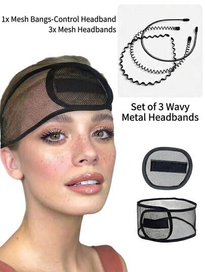 4pcs Black Mesh Fabric Headband Metal Wavy Hair Hoop, Elastic Hair Tie Headband Mesh Fabric Sleep Cap Women Hair Wash Makeup Hair Accessory, Unisex, Non-Slip Sports Headband