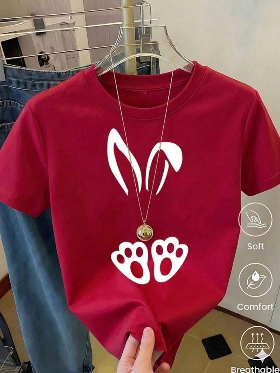 Women's White T-Shirt With Rabbit Ears And Paws In Leopard Print, Fashionable Animal Print T-Shirt, Casual Summer Blouse With Cute Bunny Design, Aesthetic And Fun Top - Merah - View 1