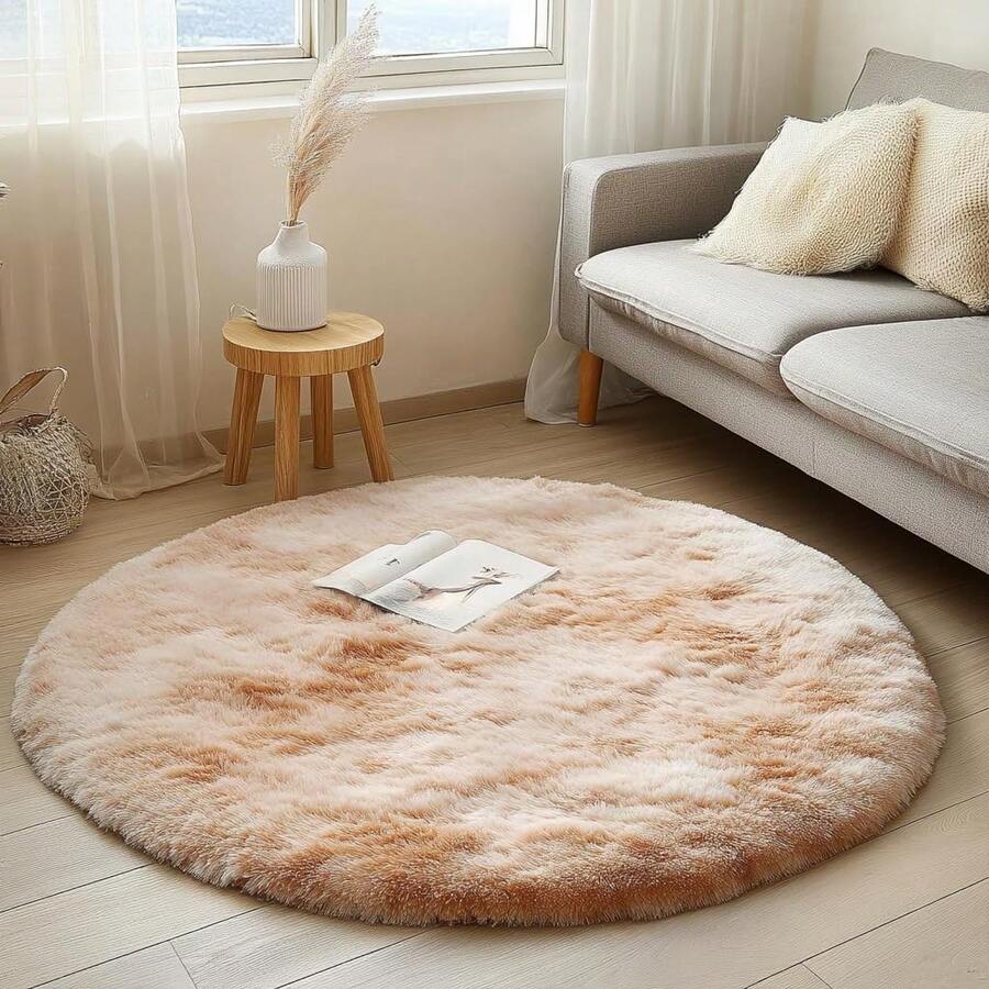 Runder Flauschiger Teppich für Wohnzimmer, Flauschige Teppiche für Große Moderne Wohnzimmer, Weicher Flauschiger Teppich für Wohnzimmer, Schlafzimmer, Nachttisch (Rosa, 160cm) GZK4 - Weiße Füße - Übersicht 1
