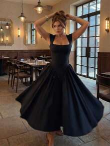 Elegant Casual Daily Commute Date Romantic Square Neck Dress - Black - View 2