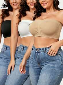 3pcs Set Minimalist Plus Size Solid Color Seamless Bandeau, Thin Plus Size Bandeau Suitable For Daily Wear - Multicolor - View 2