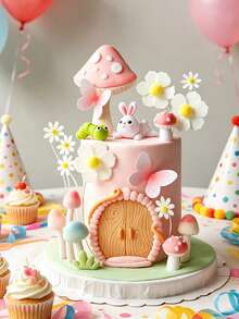 1 Set Decoración de Pastel de Cumpleaños para Bebé Conejo Hongo Margarita Forma Arcilla Suave Material 3D Adorno de Pastel Estilo Mori Fresco Decoración de Mesa de Postres para Fiesta de Cumpleaños de Bebé - Multicolor - Ver 4