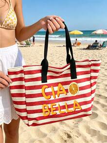 Striped Canvas Bag With Colorful Fruit Pattern, Large Capacity Beach Bag, Striped Travel Tote Bag Suitable For Beach, Pool, Vacation And Daily Use, Can Store Swimwear, Towels, Sunscreen And Beach Essentials, Suitable For Women, Girls, Travelers And Beach Lovers, Perfect For Summer Vacation, Birthday And Holiday Gifts, Can Be Used As Beach Bag, Pool Bag, Vacation Bag And Travel Storage Bag - Multicolor - View 2