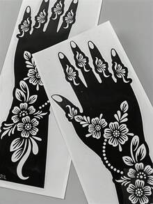 2pcs Exotic Floral Totem Print Tattoo Stickers, Minimalist Floral Vine, Covers Palm + Full Forearm, Vintage Luxury Style, Perfect For Henna Art, Parties And Styling - Black - View 7