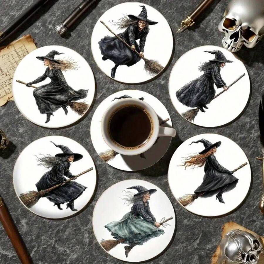 6 piezas de posavasos de PET, elementos de Halloween, diseño vintage de bruja montada en escoba dibujado a mano, posavasos resistentes al calor, lavables, económicos, adecuados para decoración de eventos y fiestas, centro de mesa, decoraciones de Halloween, Navidad y Acción de Gracias