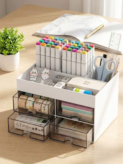 1 pieza Caja organizadora de escritorio con cajón, estante de almacenamiento de oficina, soporte para bolígrafos para escritorio, adecuado para papelería, bolígrafos, tarjetas de presentación, blocs de notas, clips de papel, cosméticos y almacenamiento de suministros de oficina