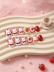24pcs Kids Girls Press-On Short Artificial Nails, Cute Strawberry & Rabbit Pattern Design Pre-Glued Full Coverage Acrylic Nail Tips Set, Suitable For Children Girls Nail Decoration (Strawberry Girl) - Multicolor - View 6