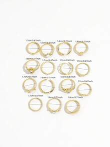 15 Buah Cincin Gaya Vintage Court dengan Hiasan Berlian Imitasi dan Mutiara Imitasi, Cincin Campuran Bentuk Gelombang dan Pita Polos, Set Cincin Tumpuk Multi-Bordir Bentuk Hati dan Busur untuk Wanita - Emas - View 6