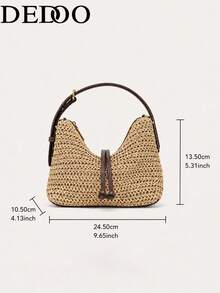 Dedoo Woven Handbag, Solid Color Pattern, Drawstring Design, Lightweight Large Capacity Bag, Bohemian Vacation Style, Beach Travel Summer Women's - Apricot - View 6