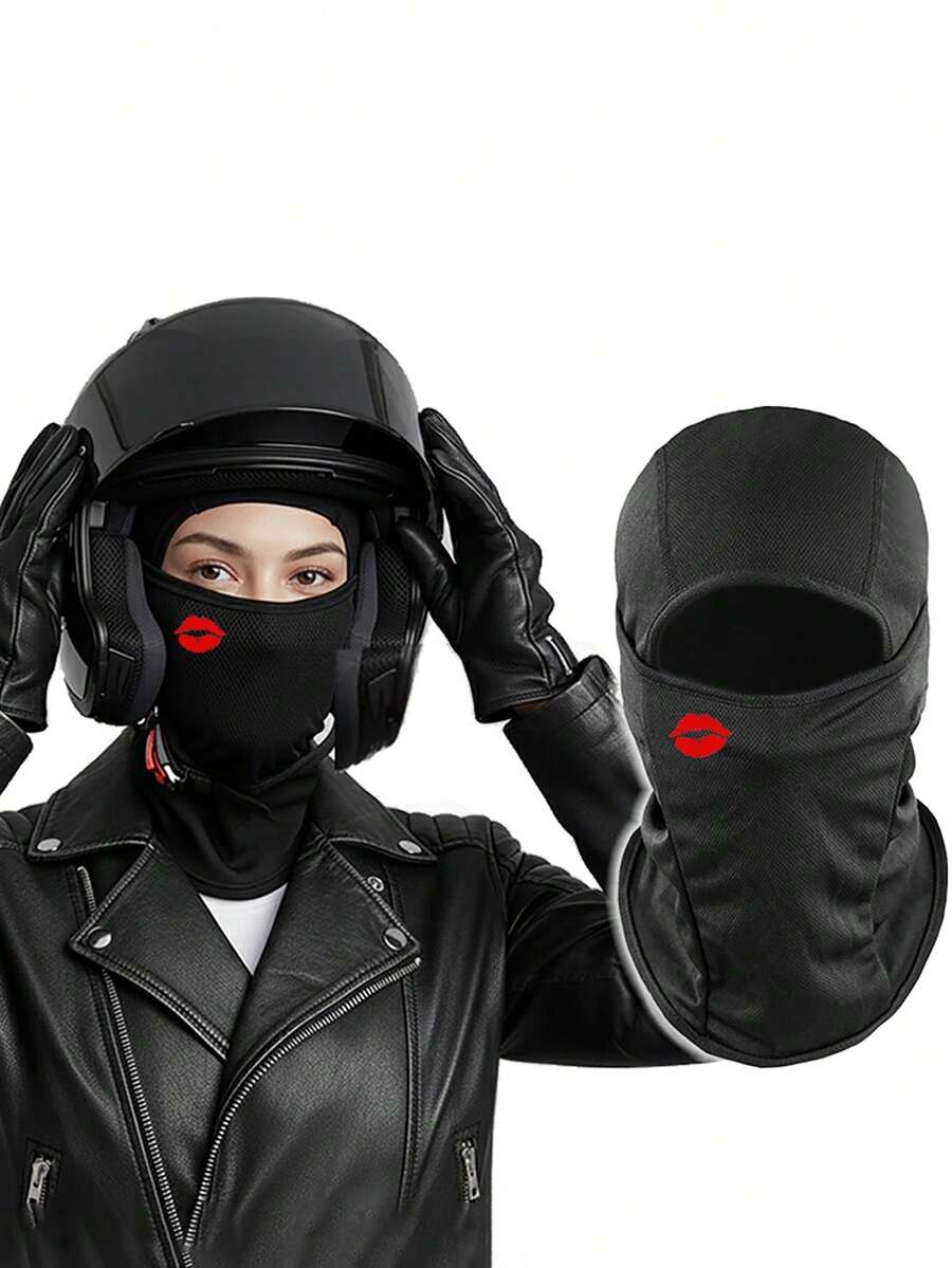Red Lip Print Balaclava, Breathable Mesh Motorcycle Full Face Mask, Windproof & Dustproof Y2K Street Style Women's Headwear, Suitable For Riding And Daily Fashion - Multicolor - View 1