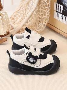 1 Pair Cute Bear Baby Walking Shoes, Black & White Color Block Soft Sole Anti-Slip Hook & Loop Functional Shoes, Suitable For Spring & Autumn - Black - View 11