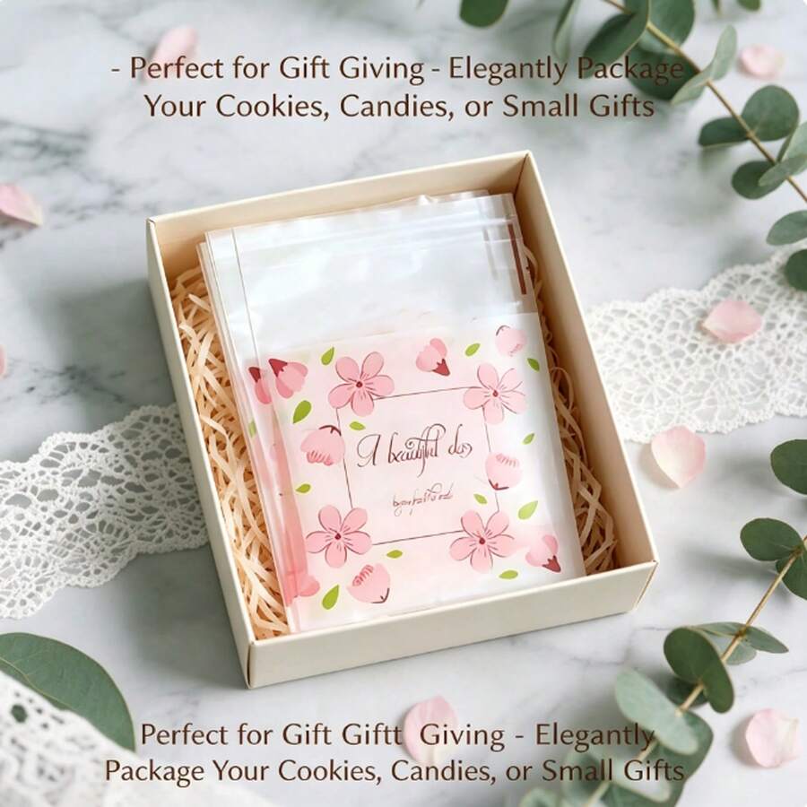 50/100pcs Floral Leaf Self-Sealing Gift Bags, Exquisite Plant Print Transparent Plastic Bags, Easy To Seal And Store, Suitable For Candy, Cookies And Snack Packaging, Perfect For Wedding, Birthday, Graduation And Various Holiday Gift Packaging, Essential Bags For Holiday Cookies And Candy - Multiple Styles - View 1