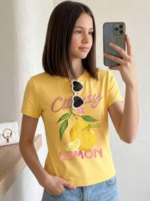 1 pieza Camiseta de manga corta amarilla casual y sencilla para niñas, primavera/verano - Amarillo - Ver 1