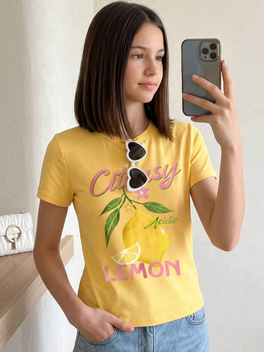 1 pieza Camiseta de manga corta amarilla casual y sencilla para niñas, primavera/verano - Amarillo - Ver 1