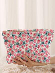 1pc Portable Cosmetic Storage Bag With Mountain Plum Pattern Double-Sided Print Travel Zipper Makeup Pouch Multi-Functional Toiletry Organizer - Multicolor - View 1