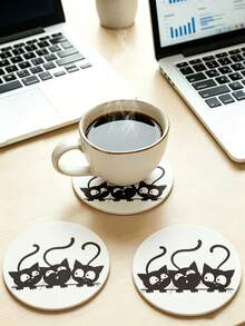 1/6/12pcs Minimalist Black Cat Silhouette Wooden Coasters, Cute Cartoon Black Cat Paw Print Round Wooden Coasters, Suitable For Cat Lovers Home Kitchen Bar Coffee Table Modern Minimalist Decor - Black - View 3