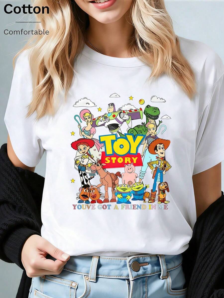 Disney Toy Story Woody Print Short Sleeve Tee, Loose Style Ladies Top, Ideal For Spring, Summer, Holidays And Parties - 白色 - 查看 1