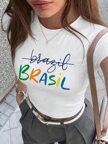 Women's Summer World Cup Soccer Print T-Shirt, Slim Fit Versatile, Y2K Sports Retro Style, Suitable For Matches, Dates, Street Outings, Vacations And Fan Parties - White - View 2