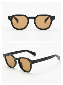 1pc Vintage Round Frame High Quality Personalized Minimalist Fashion Glasses, Travel Vacation Beach Daily Decorative Eyewear - 黑框茶片 - 查看 3
