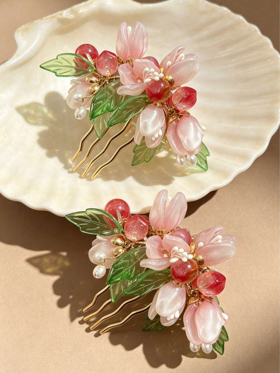 1件漸層粉桃色玻璃花朵髮簪,森系樹脂珍珠側梳髮梳,高端婚禮盤髮飾品,搭配晚禮服/蘿莉塔/日常穿搭,適用度假派對/婚禮/新娘與伴娘髮飾 - 彩色 - 查看 1