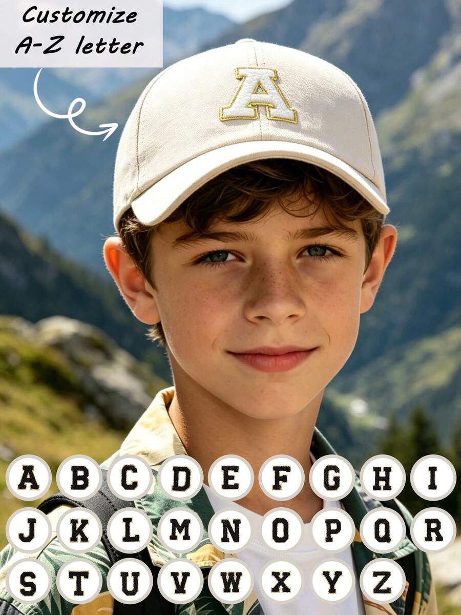 1pc Customized A-Z Letter Baseball Cap, Adjustable Breathable Cozy Material Hat For 3-16Y Boys Girls Casual Look Sun Hat ForFitness Exercise - Beige - View 1