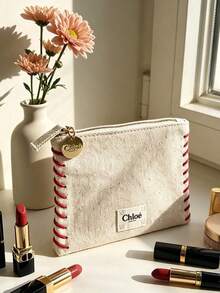 Chloé Luxury Solid Color Makeup Bag Fine Stitching Craftsmanship Smooth Fabric Daily Party Travel Portable Cosmetic Pouch Elegant Gift For Women CHLOE-GIFT-13 - Champagne - View 2