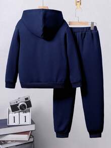 Tween Boy Letter Print Hoodie And Sweatpants Set - Royal Blue - View 2