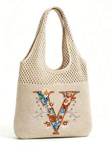 LFIRSTL Women's Crochet Tote Bag | 26 Personalized Initial Options, Bohemian Floral Mesh Beach Bag, Large Capacity Knitted Shoulder Handbag, Suitable For Summer Vacation, Travel And Daily Commute - Khaki - View 29