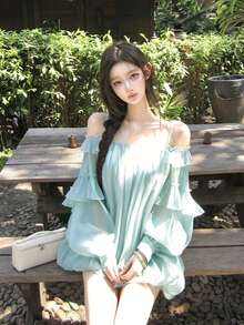 Autumn Women's Ruffle Trim Spaghetti Strap Dress, Cool & Elegant, Suitable For Summer - Cadet Blue - View 5