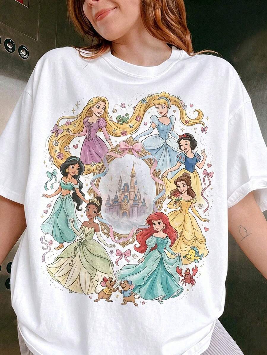 Camisetas Vintage de Princesas Disney, Camisetas con Castillo de Princesas Disney Firmadas, Bella, Ariel, Rapunzel, Cenicienta, Camisetas de Equipo de Princesas para Vacaciones, Camisetas 100% Algodón Puro, Unisex, Regalo Perfecto - Blanco - Ver 1